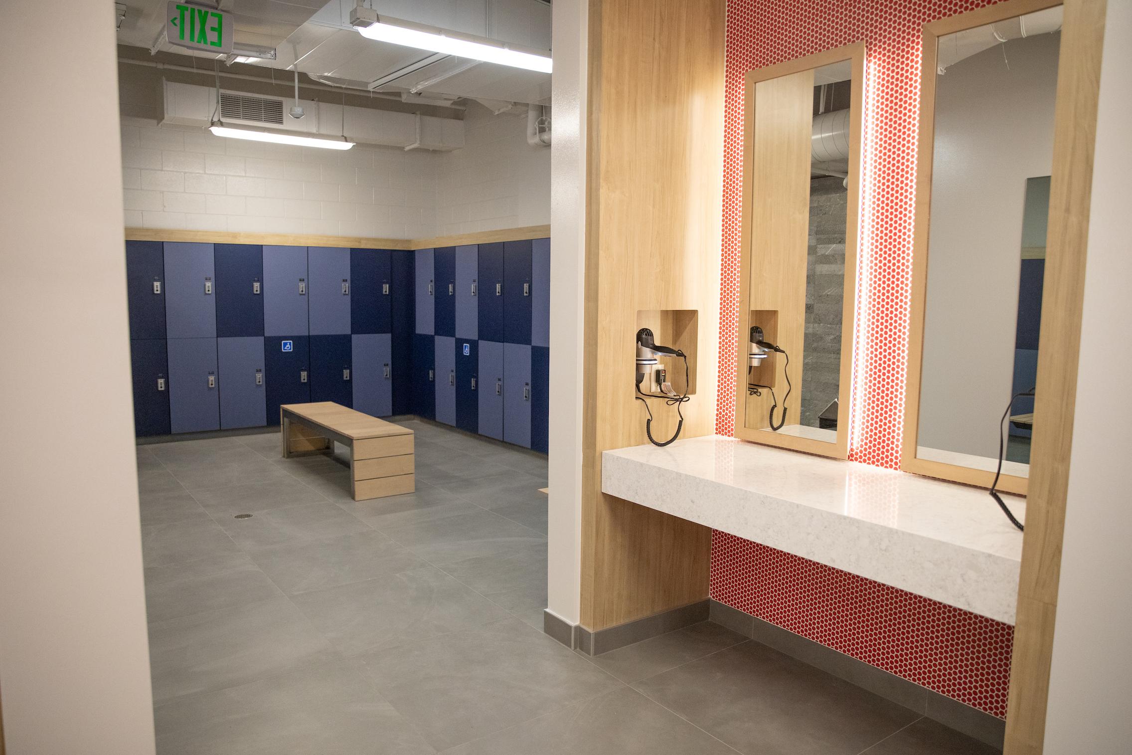 hair dryers, mirrors, lockers and benches