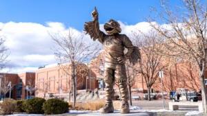 The Rowdy the Roadrunner statue in front of the Tivoli on a sunny afternoon in January 2024